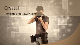  Presentation with shooting - PPT theme having hobby photographer with professional camera gear and belt shooting in front of brown sepia urban concrete wall full of glowing square illustrations concept background and a coral colored foreground