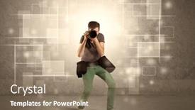  Presentation with shooting - Beautiful slide deck featuring hobby photographer with professional camera gear and belt shooting in front of brown sepia urban concrete wall full of glowing square illustrations concept backdrop and a coral colored foreground
