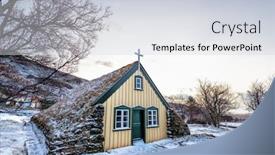  Presentation with church building - Slide set consisting of hofskirkja-church-hof-iceland background and a sky blue colored foreground