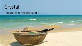  Presentation with fishing boat - PPT theme with hoi an da nang vietnam background and a light blue colored foreground