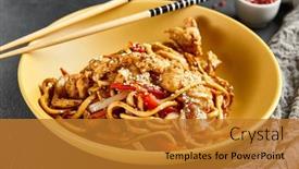  Presentation with chopstick - Colorful presentation enhanced with hoisin-chicken-udon-noodles-yellow backdrop and a gold colored foreground