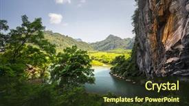  Presentation with river flowing - Beautiful slide deck featuring hol day - calm river flowing backdrop and a tawny brown colored foreground