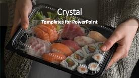  Presentation with hold hand - Presentation having hold assorted sushi take away background and a tawny brown colored foreground