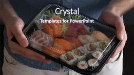  Presentation with hold hand - Audience pleasing slides consisting of hold assorted sushi take away backdrop and a tawny brown colored foreground
