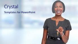  Presentation with realtor - PPT theme with hold keys - african-american realtor woman with key background and a sky blue colored foreground