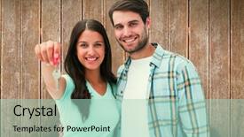  Presentation with young happy couple - Cool new slides with hold keys - happy young couple showing new backdrop and a mint green colored foreground
