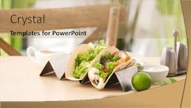  Presentation with fish tacos - Slide deck consisting of holder with delicious fish tacos on wooden table background and a coral colored foreground