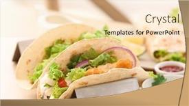  Presentation with fish tacos - Presentation theme having holder with delicious fish tacos on wooden table background and a lemonade colored foreground