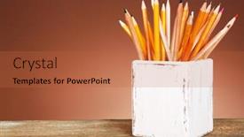  Presentation with color pencils - Cool new presentation with holder with different pencils on wooden table and shaded color background backdrop and a red colored foreground