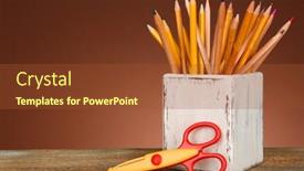  Presentation with color pencils - PPT theme enhanced with holder with different pencils and scissors on wooden table and shaded color background background and a tawny brown colored foreground