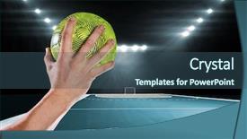 Presentation with handball - PPT theme having holding a ball against handball background and a ocean colored foreground