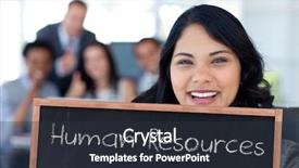  Presentation with human resources - Presentation consisting of humans ressources - businesswoman holding a blackboard background and a tawny brown colored foreground