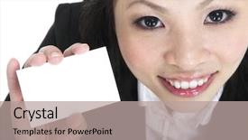  Presentation with business card - Colorful theme enhanced with holding a blank business card backdrop and a coral colored foreground