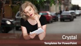  Presentation with hands holding black tablet - PPT theme with holding a digital tablet computer background and a tawny brown colored foreground