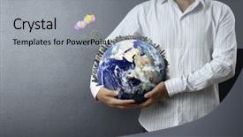  Presentation with holding hands - Presentation having holding a glowing earth globe background and a light gray colored foreground