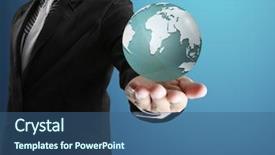  Presentation with cutout paper people standing around globe holding hands - PPT theme enhanced with holding a glowing earth globe background and a ocean colored foreground