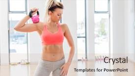  Presentation with woman sport - Beautiful presentation design featuring holding a kettlebell after finish backdrop and a soft green colored foreground