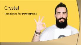  Presentation with long hair man - Audience pleasing PPT theme consisting of holding a paper with question backdrop and a  colored foreground