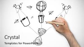  Presentation with hand holding pencil - PPT theme consisting of soft image orange tulips wallpaper background and a coral colored foreground