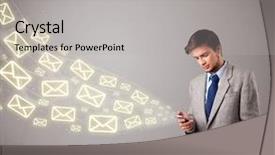  Presentation with man holding phone - Cool new slide set with holding a phone with message backdrop and a light gray colored foreground