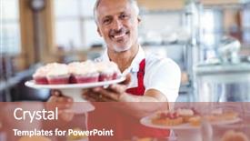  Presentation with bakery - Slide set having happy barista smiling at camera and holding a plate of cupcakes in the bakery background and a coral colored foreground