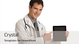  Presentation with friendly - Cool new PPT theme with holding a touch pad tablet backdrop and a light gray colored foreground