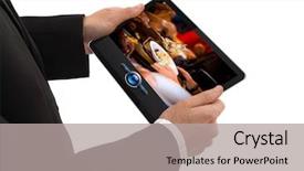  Presentation with trophy award hand holding - Amazing PPT theme having holding a touchpad pc showing backdrop and a light gray colored foreground