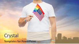  Presentation with lgbt pride flag rainbow flag - Audience pleasing PPT theme consisting of holding american flag over city backdrop and a yellow colored foreground
