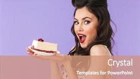  Presentation with cheesecake - Cool new slide set with holding and eating sweet cheesecake backdrop and a coral colored foreground