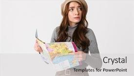  Presentation with woman world - Slide set featuring holding and reading world map background and a light gray colored foreground
