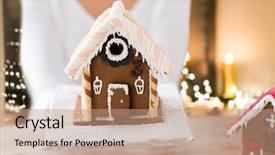  Presentation with gingerbread house - Beautiful PPT theme featuring holding and showing gingerbread house backdrop and a coral colored foreground