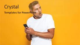  Presentation with man holding phone - Presentation design featuring holding and talking on cell background and a gold colored foreground