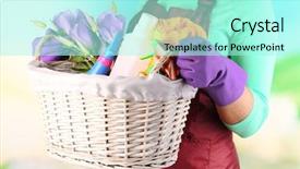  Presentation with spring photo album - PPT layouts featuring holding basket with cleaning equipment background and a arctic colored foreground