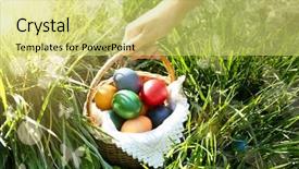  Presentation with trophy award hand holding - Audience pleasing PPT theme consisting of holding basket with easter eggs backdrop and a yellow colored foreground