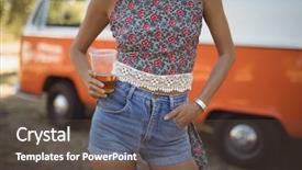  Presentation with blonde holding magnifying glass - Slide deck featuring holding beer glass against van background and a  colored foreground