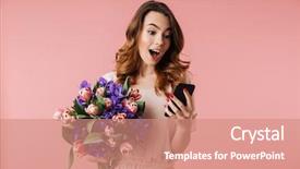  Presentation with girl in red dress - Presentation enhanced with holding big bouquet of iris background and a coral colored foreground