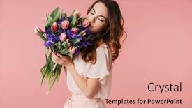  Presentation with girl in red dress - Colorful PPT theme enhanced with holding big bouquet of iris backdrop and a coral colored foreground