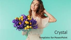  Presentation with girl in red dress - Presentation design consisting of holding big bouquet of iris background and a mint green colored foreground