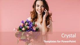  Presentation with happy young student girl holding - Beautiful slide deck featuring holding big bouquet of iris backdrop and a coral colored foreground