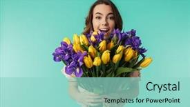  Presentation with girl in red dress - Slide deck with holding big bouquet of iris background and a mint green colored foreground