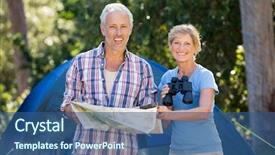  Presentation with camp - Audience pleasing PPT theme consisting of holding binoculars and map backdrop and a ocean colored foreground