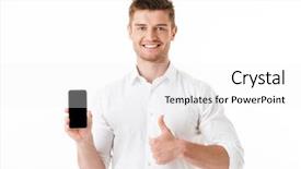  Presentation with gold man smile - Amazing PPT theme having holding blank screen mobile phone backdrop and a  colored foreground