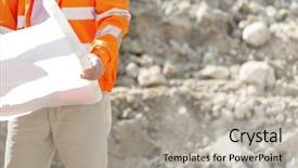  Presentation with construction site construction - Cool new slide deck with holding blueprint at construction site backdrop and a light gray colored foreground