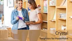  Presentation with book store - PPT theme with holding book while checking list background and a  colored foreground