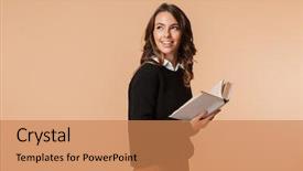  Presentation with beige book - Beautiful slides featuring holding book while looking back backdrop and a coral colored foreground