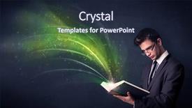  Presentation with book - Cool new PPT theme with holding book with green wave backdrop and a  colored foreground