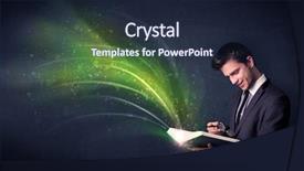  Presentation with green officebuilding man - Audience pleasing slide deck consisting of holding book with green wave backdrop and a wine colored foreground