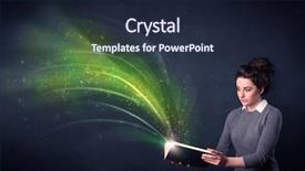  Presentation with e book reader - PPT layouts with holding book with green wave background and a  colored foreground