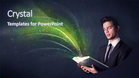  Presentation with green officebuilding man - Presentation theme having holding book with green wave background and a wine colored foreground