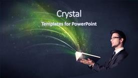  Presentation with green officebuilding man - Presentation featuring holding book with green wave background and a wine colored foreground